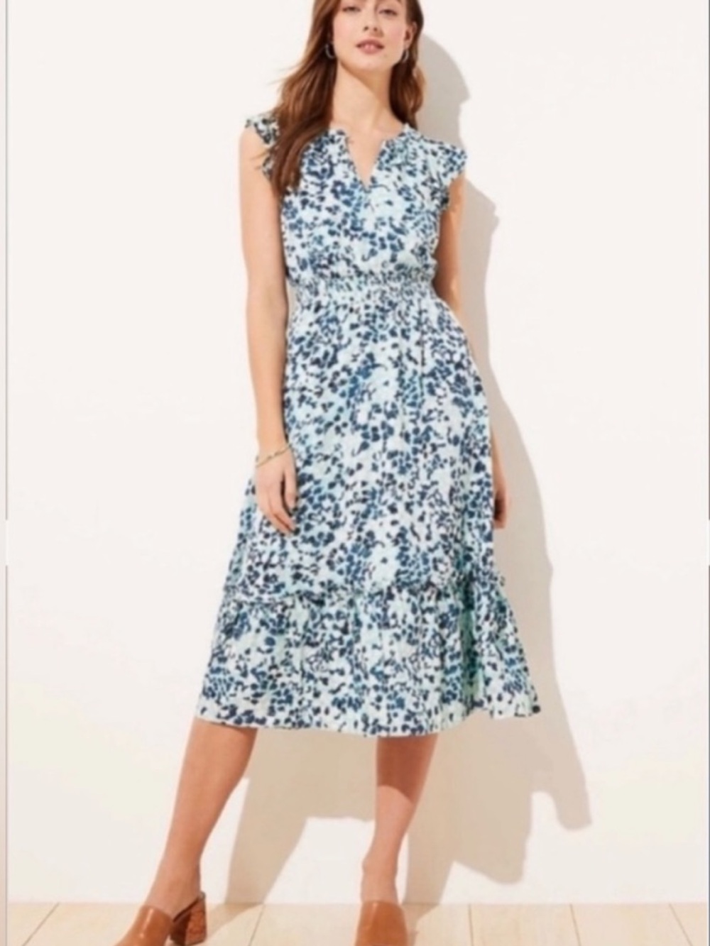 NWOT Loft Blue Floral and Metallic Midi Dress - Elegant Summer Style